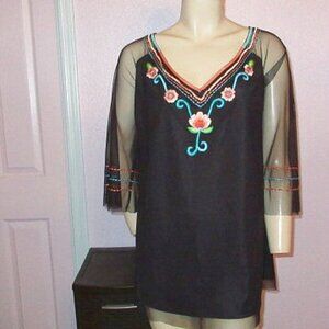 Y2K Sheer Mesh Whimsigoth Witchy Tunic Top Size L Embroidered 3/4 Sleeves V-Neck